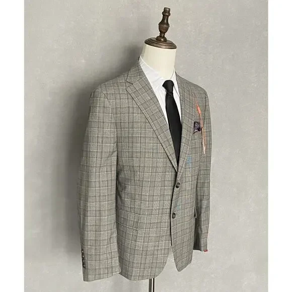 Tallia Men's 38 Short Suit Jacket Stretch Wool Blend Cream/Brown Plaid NEW